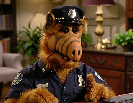 <lora:Alf SDXL LoRA - Trigger w Alf Person:1> Alf person joins the police force after carjacking a car that was modified to look like a cat.