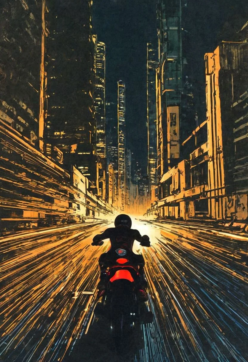 rear view, from street Level behind, high contrast, akira style, Capture the exhilarating essence of a sci-fi motorcycle navigating a curve through the profoundly dark streets of Neo Tokyo at night. Emphasize the dynamic motion as the taillights paint streaks of light through the air. Transport the viewer to the futuristic urban landscape and convey the thrilling energy of the ride.