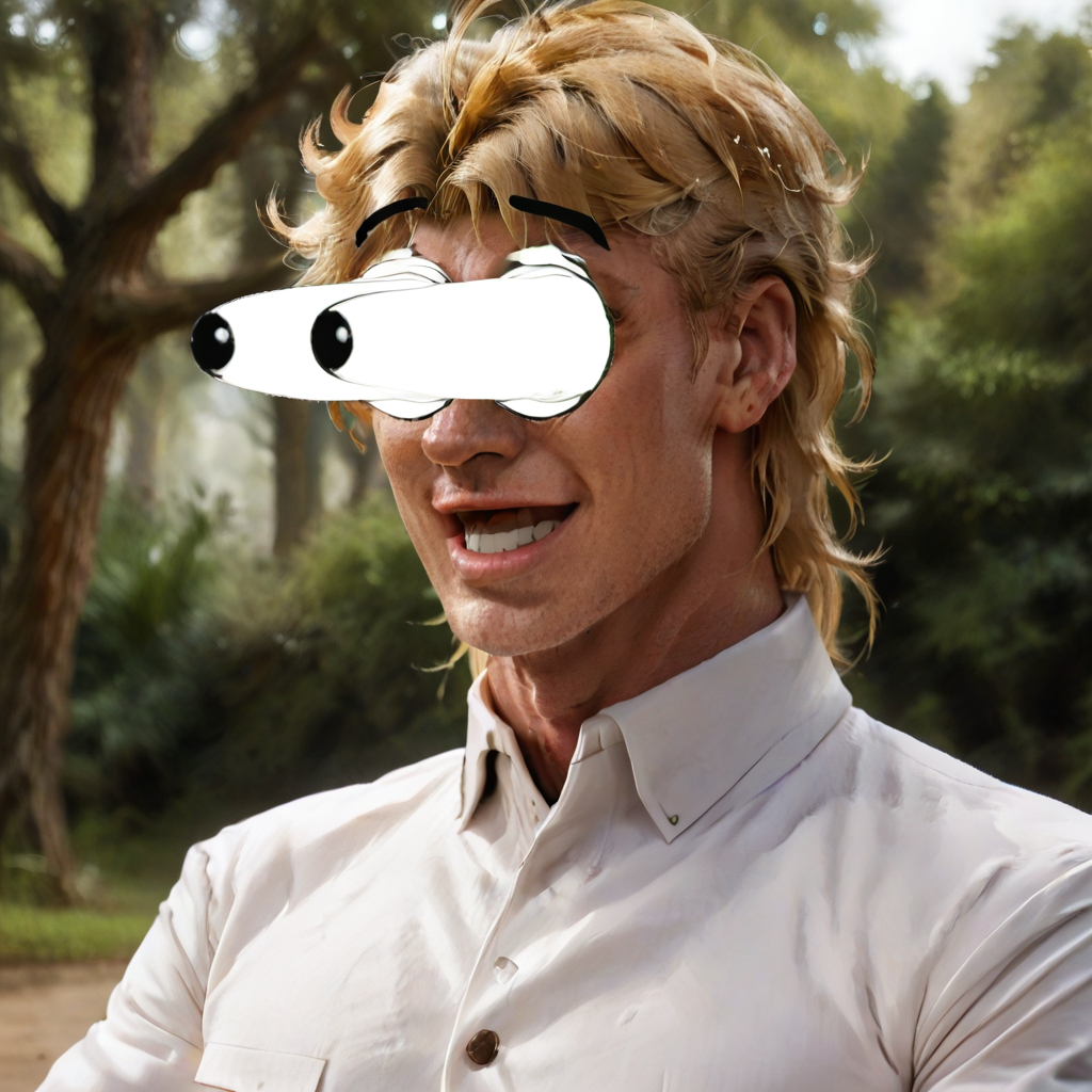score_9, score_8_up, score_7_up, score_6_up, score_5_up, score_4_up, rating_safe,raw photo,cinematic shot,professional photography,film grain,1boy,solo,dio brando,blonde hair,thumbs up,open smile,outdoors,forest,<lora:PonyAwooga:0.97>,  <lora:PonyBackgroundDetailerV2:0.3>, <lora:add-detail-xl:0.3>, zPDXLrl