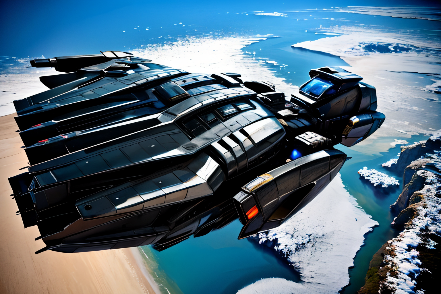 (Realistic:1.5) (masterpiece) outdoors, spacecraft, watercraft, turret, pilot suit, building, solo, from above, no humans, planet, <lora:EdobSpaceShip01_v1.0:0.8>