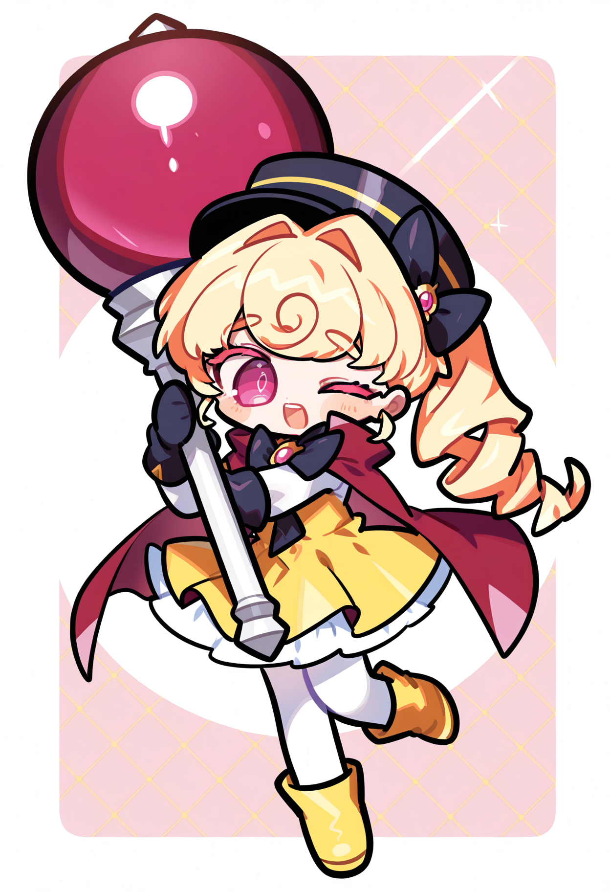 1girl, blonde hair, long hair, one eye closed, solo, pink eyes, dress, holding, yellow footwear, chibi, open mouth, cape, gloves, bow, teeth, bangs, red cape, hat, oversized object, full body, upper teeth only, drill hair, hair bow, white pantyhose, pantyhose,
masterpiece,best quality,amazing quality, <lora:omoyunakyu715-_style_Illustrious:1>, omoyu_nakyu715,