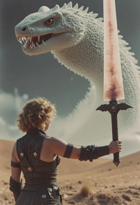 A dynamic action scene captured with gritty realism, as if shot on an old analog camera. A lone warrior woman, viewed from behind, stands in battle-worn, intricately detailed chainmail. Her short, curly blonde hair catches the faint glow of her weapon—a massive, twisted translucent greatsword—crackling with dark energy that radiates along its length. She faces an enormous, translucent serpent boss towering above her, its ghostly body shimmering with ethereal light and complex patterns that pulse with an otherworldly glow. The serpent’s translucent form refracts light, creating surreal, prismatic effects that scatter across the scene. The vast desert battlefield is framed by windswept dunes beneath a cold, steel-gray sky. The stark contrasts of magical light and deep shadows highlight the warrior’s determined stance as she prepares to strike in this epic confrontation.