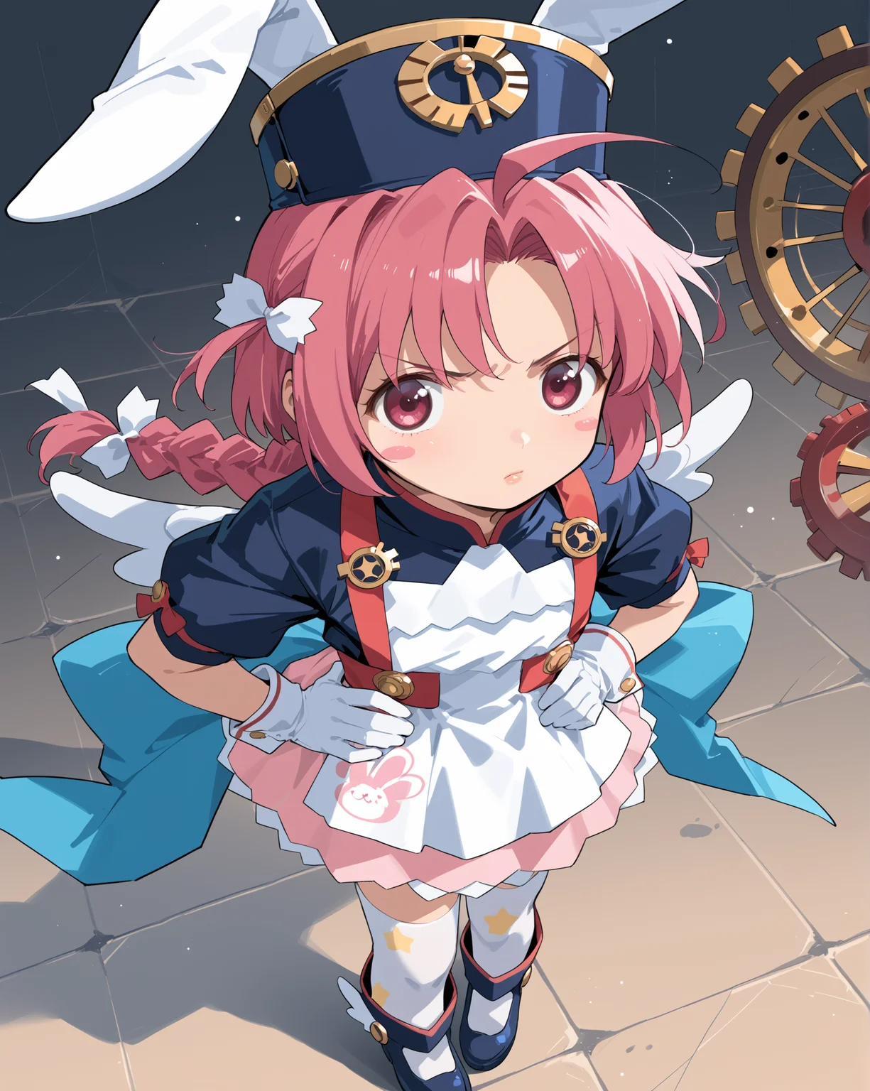 PonyScores7, source_anime, ah1, 1girl, lips, bad-hands-5, <lora:xl_more_art-full_v1:0.2>, <lora:shinyskin2:0.2> glistening skin, <lora:aesthetic_anime_v1s:0.2>, <lora:Expressive_H:0.2> Expressiveh, <lora:hairdetailpxl:0.2> hairdetailpxl, <lora:EpicF4nta5yXL:0.2>, <lora:detailxl:0.2> detailxl, <lora:Fant5yP0ny:0.2>, best quality, amazing quality, best aesthetic, absurdres, <lora:expressive eyes:0.2> expressive eyes, <lora:eyedetailpxl:0.2> eyedetailpxl, illustration, Volumetric_Lighting, ultra-detailed, very aesthetic, intricate details, 8k, masterpiece, best_quality, (Annoyed), (Aerial view medium Close shot (focus on waist)), (Steampunk Time Machine Workshop with Clockwork Mechanisms and Gears), (unleashing an ancient evil), <lora:Eyes_High_Definition:0.3> EyesHD, looking at viewer,  Stable_Yogis_PDXL_Positives, AS-Adult, <lora:nakahara_komugi_pony_v1:0.8> nakahara_komugi, pink hair,hat, animal ears, braid, pink eyes, ahoge, long hair, rabbit ears, wings, star print, jewelry, star (symbol), dress, white gloves, stickers, zettai ryouiki, print thighhighs, winged footwear,