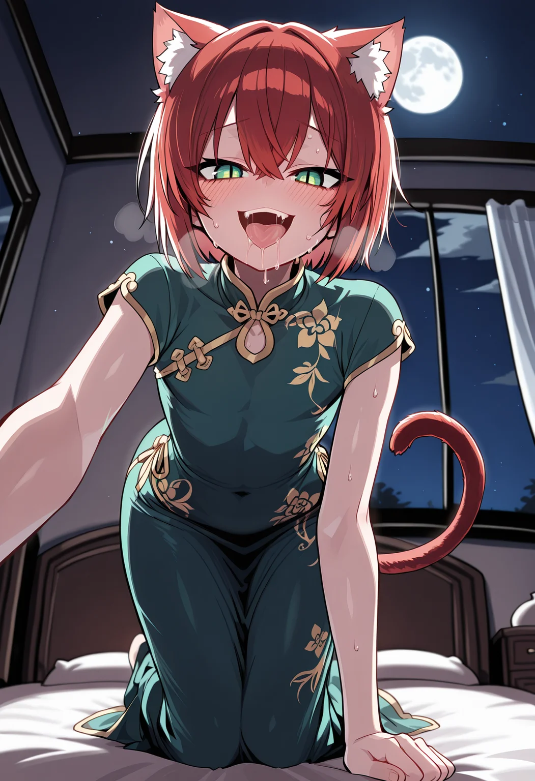 solo,
1boy, trap, skinny, catboy, red tail, red cat ears, bob hair, red hair, green eyes, slit pupils,
chinese princess outfit, green dress, short sleeves, blushing, shy, long skirt, floral print, on all fours,
living room, window, night, moon,from below, smug, saliva, tongue,
masterpiece,best quality,amazing quality, <lora:Benisman-_style:1>. benismanstyle1231.
