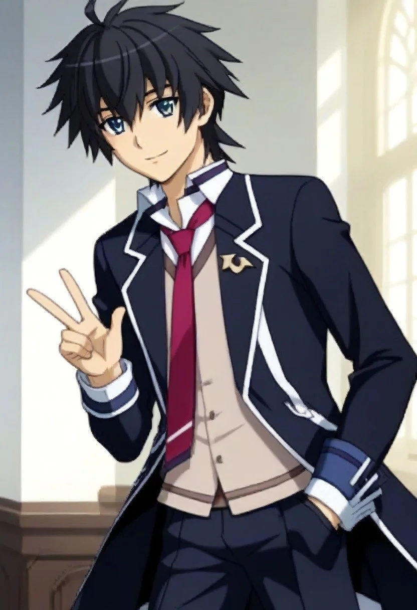 ((masterpiece)), ((best quality)), ((ultra-detailed)), ((absurdres)), score_9_up, score_8_up, score_7_up,
HD, top quality, best quality, amazing quality, High-quality illustrations, anime screencap, source_anime, best aesthetic, perfect proportions, perfect eyes, 1boy, 1male, solo boy, solo male, male focus, solo male focus, Anime, boy, male anime character, anime boy, handsome, sexy, cute, charming, ((tall, tall body, tall height)), ((lean body, slim body)), ((looking at front, looking at viewer)), ((front shot, front view, view from front)), Kanata Age, black hair, blue eyes, long black blazer coat, red necktie, fingerless glove, black pants, updn, easynegative, neghands, Expressiveh, ((cowboy shot, head to hips shot)), ((small smile)), ((V sign, V fingers,✌️gesture))
