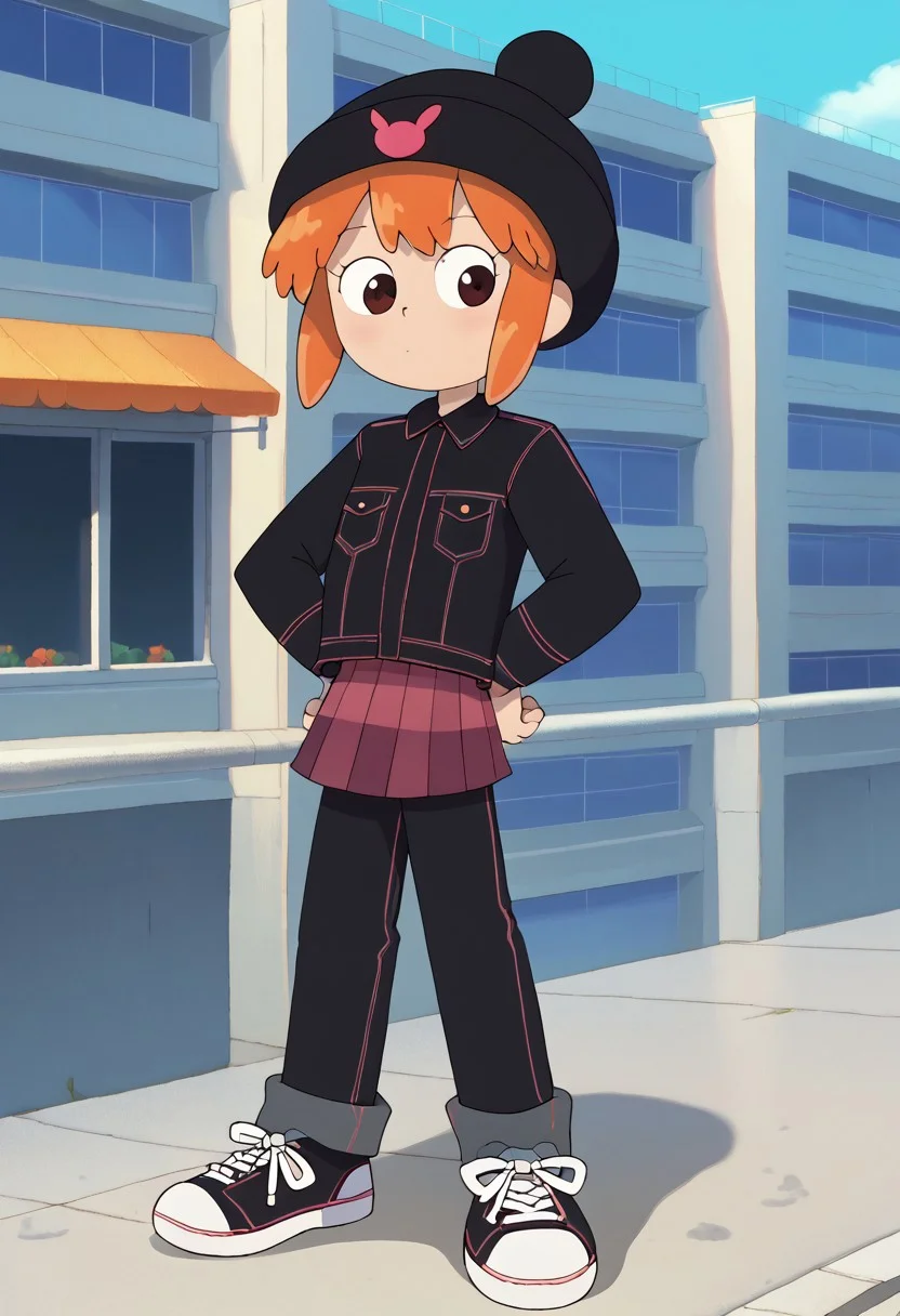 score_8, score_8_up, score_7_up, SHAMPSTYLE, BREAK 1girl, female focus, solo, flat chest, usagi_kurokawa, beanie, black headwear, hat ornament, orange hair, bangs, short hair, sidelocks, denim jacket, black jacket, collared jacket, breast pocket, long sleeves, skirt, plaid skirt, pants under skirt, black pants, jeans, sneakers, black footwear, full body, building, outdoor, neighborhood,