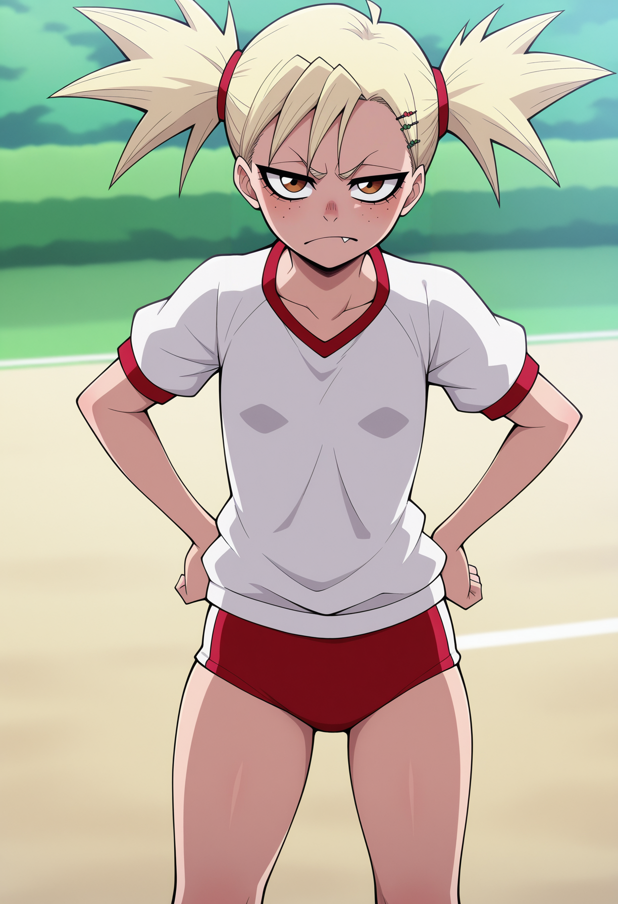 best quality, amazing quality, very aesthetic, absurdres,
BREAK
1girl, sarugaki hiyori, blonde hair, short twintails, brown eyes, freckles, hairclip,
frown, fang,
gym uniform, white shirt, red buruma, no socks, red sneakers,
hands on hips, smile, standing, solo, looking at viewer, outdoors, park background, <lora:HiyoriSarugakiNoobXL_byKonan:1>