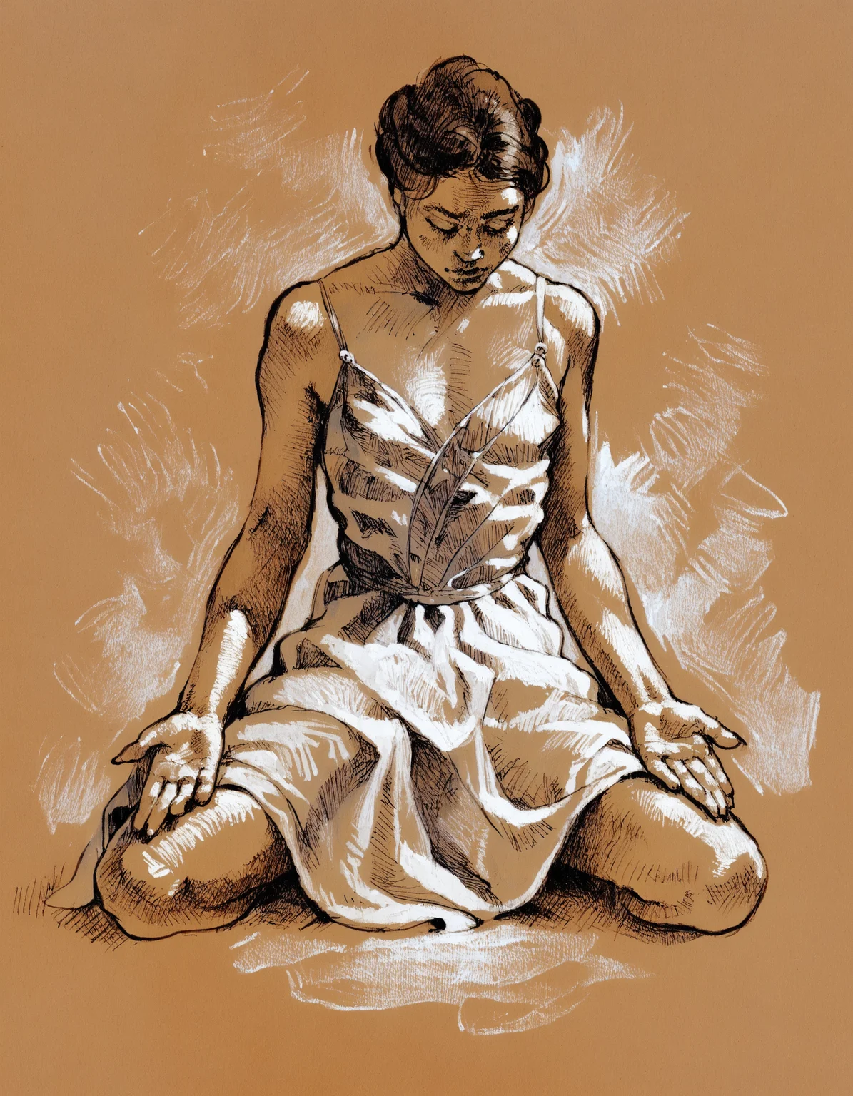 score_9, score_8_up, score_7_up, score_6_up, score_5_up, score_4_up, lineart, sketch, traditional media, beautiful woman, kneeling hands on thighs, dress, facing viewer, closed eyes, looking down, spread legs