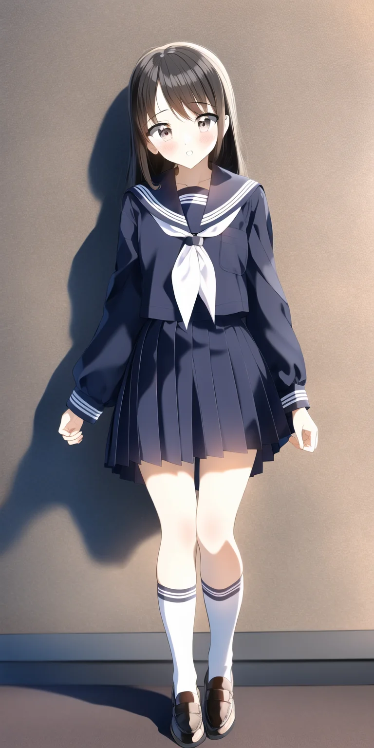 1girl, school uniform, serafuku, neckerchief, sailor collar, pleated skirt, bare legs, thighs, shoes, socks,
full body, standing,
<lora:PentagonRailgunStyle:1>,
simple background, white background,