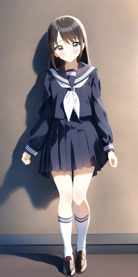1girl, school uniform, serafuku, neckerchief, sailor collar, pleated skirt, bare legs, thighs, shoes, socks,
full body, standing,
<lora:PentagonRailgunStyle:1>,
simple background, white background,
