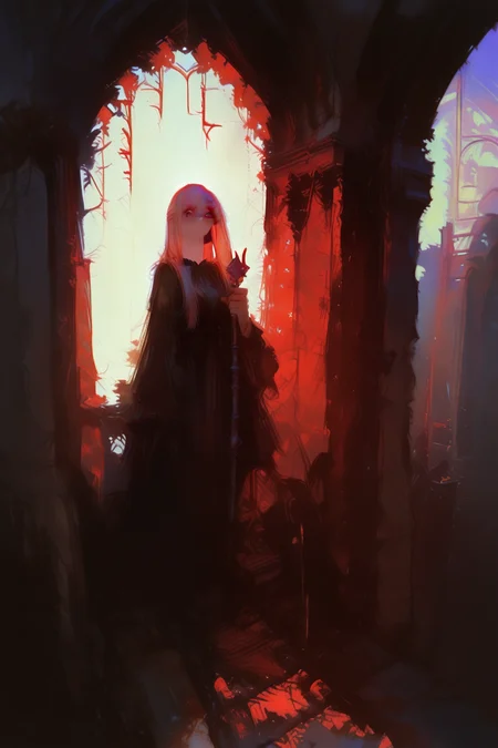 masterpiece, best quality, very aesthetic, dynamic composition, sunlight, , close-up shot,Eye-level shot,surprised Face,Standing,Gothic, dark, medieval, ornate, 1girl, fern_\(sousou_no_frieren\),  holding_staff, ruins, solo, building, outdoors, standing, post-apocalypse, facing away, [pantyhose:28], city, sketch, [traditional media:28], abstract, abstract background, painting \(medium\), no lineart