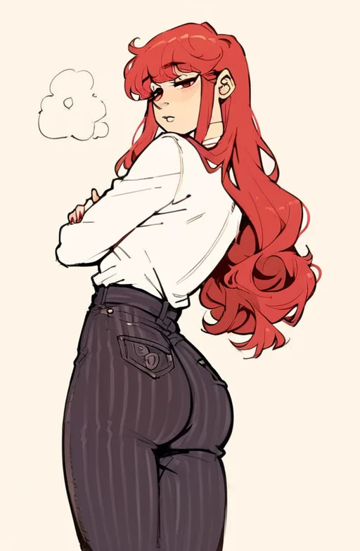 <lora:cromwaits_style_PONYXL:1>, score_9, score_8_up, score_7_up, score_6_up, score_5_up, score_4_up, BREAK
1girl, (skinny, wideleg pinstripe pants, ass), long hair, strawberry red hair, half lidded eyes, tired eyes, pale skin, bangs