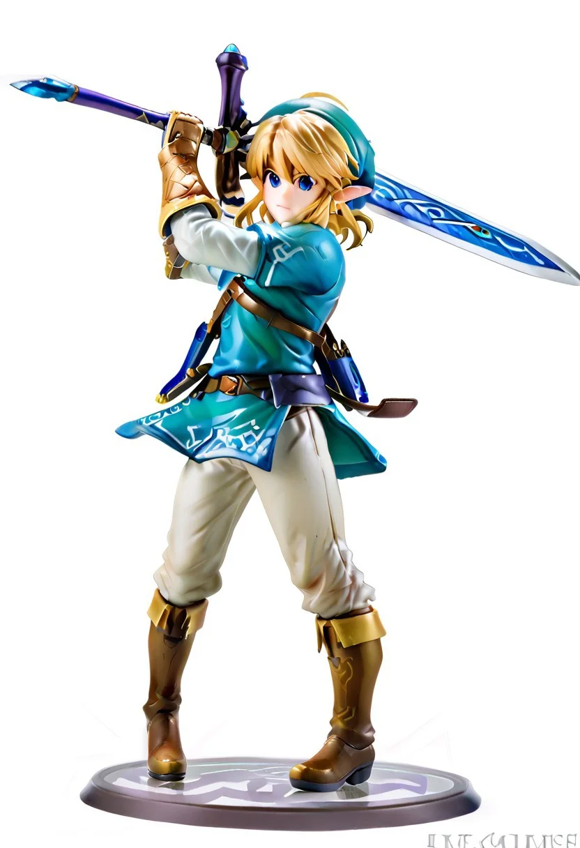 PVC figure, rendering, (((full body))), adult, mature male, broad shoulders, (((linkxl))), green tunic, white pants, brown leather boots, brown leather gauntlets, green hat, pointed ears, blue eyes, short hair, blonde hair, solo, 1boy, five fingers, sword, shield, incoming horizontal sword attack, front, Precise hands, insanely detailed, perfectionism, max detail, hard edge, hyperrealism, Highest quality eyes, on a circular stand, blank grey background,