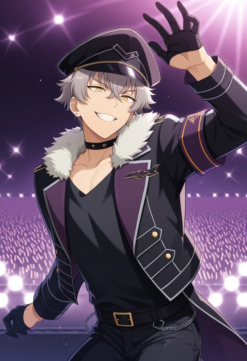 masterpiece,best quality,amazing quality, source_anime, 
kogaoogami, 1boy, male focus, solo, yellow eyes, grey hair, jewelry, earrings, undead uniform, hat, peaked cap, black headwear, choker, shirt, black shirt, jacket, black jacket, tailcoat, fur trim, armband, open jacket, gloves, black gloves, half gloves, belt, black belt, pants, black pants, grin, arm up, stage, lights,