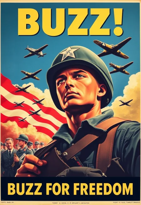 World War 2 American propaganda poster, US soldier, military planes, subtitled “BUZZ FOR FREEDOM”, colorful