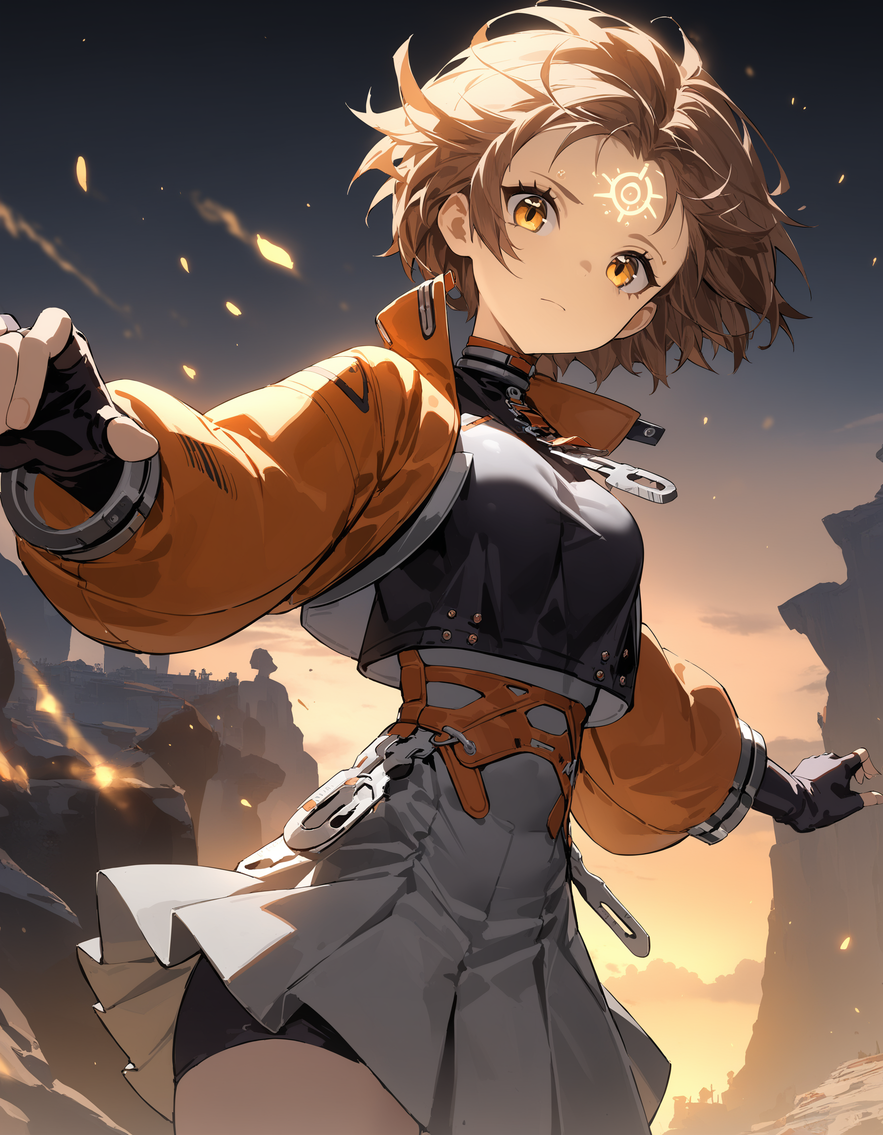 masterpiece,best quality,very aesthetic,absurdres,high detailed,landscape,depth of field,(cinematic:1.2),cinematic angel,
<lora:qianqiu_xl:0.8>,felllowmoon-qianqiu,1girl,solo,fellowmoon-qianqiu2,forehead mark,gloves,skirt,fingerless gloves,looking at viewer,facial mark,brown hair,white background,jacket,glowing,grey skirt,simple background,short hair,