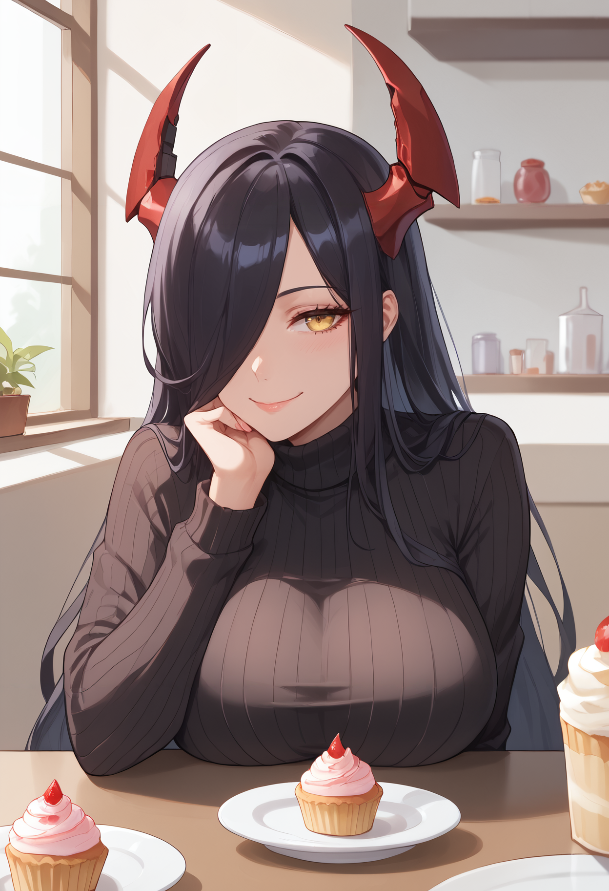score_9,score_8_up,score_7_up,score_6_up <lora:mommy-fdg:0.8> mommy-fdg,black hair,red horns,mechanical horns,very long hair, hair over one eye,1girl, black hair, black sweater, breast rest, breasts, cupcake, food, hair over one eye, horns, indoors, jewelry, large breasts, long hair, mature female, mechanical horns, red horns, ribbed sweater, ring, smile, sweater, turtleneck, turtleneck sweater, yellow eyes