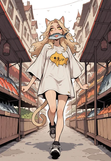 score_9, score_8_up, score_7_up, masterpiece, best quality, very aesthetic, incoth, (incase:0.6), detailed face, (dynamic:1), 1woman, blonde hair,  long hair, golden eyes, white pupils, oversized shirt, mature, fish market, market, vendor, catgirl, cat ears, tail, fish in mouth, running away, escaping,
