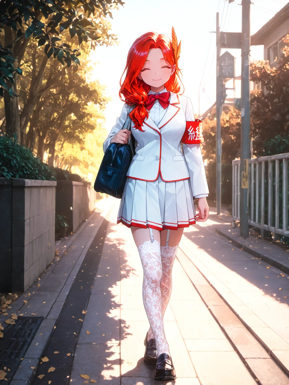 <lora:AkaneXL:1>, Akane_YS, 1girl, closed eyes, school uniform, red bowtie, armband, long hair, feather hair ornament, smile, hair over shoulder, medium breasts, 
masterpiece, best quality, amazing quality, very aesthetic, absurdres, newest, [lazypos], <lora:cfg_scale_boost:0.9> <lora:spo_sdxl_10ep_4k-data_lora_webui:0.4> <lora:retrocute:1> <lora:omoyunakyu715-_style_Illustrious:0.3> omoyu_nakyu715, pleated skirt, loafers, lace legwear, garter straps, full body, day, outdoors, walking, school bag, sidewalk, school gateway,