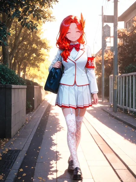 <lora:AkaneXL:1>, Akane_YS, 1girl, closed eyes, school uniform, red bowtie, armband, long hair, feather hair ornament, smile, hair over shoulder, medium breasts, 
masterpiece, best quality, amazing quality, very aesthetic, absurdres, newest, [lazypos], <lora:cfg_scale_boost:0.9> <lora:spo_sdxl_10ep_4k-data_lora_webui:0.4> <lora:retrocute:1> <lora:omoyunakyu715-_style_Illustrious:0.3> omoyu_nakyu715, pleated skirt, loafers, lace legwear, garter straps, full body, day, outdoors, walking, school bag, sidewalk, school gateway,