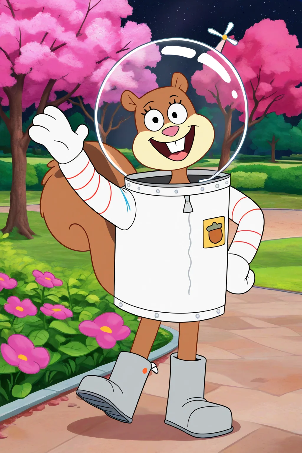 masterpiece, best quality, amazing quality, absurdres, sandycheeks, 1girl, furry female, brown fur, squirrel girl, squirrel tail, solo, smile, looking at viewer, open mouth, waving, space helmet, pink flower, white spacesuit, grey boots, outdoors, park, trees