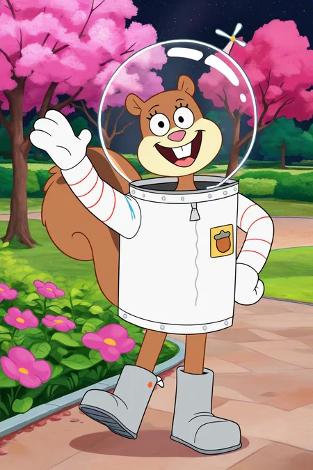 masterpiece, best quality, amazing quality, absurdres, sandycheeks, 1girl, furry female, brown fur, squirrel girl, squirrel tail, solo, smile, looking at viewer, open mouth, waving, space helmet, pink flower, white spacesuit, grey boots, outdoors, park, trees