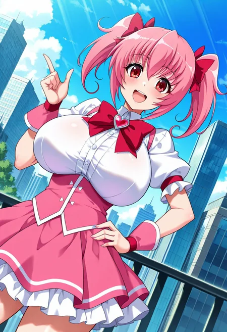 general,highres, ultra-detailed,very aesthetic,best quality ,best hands,best eyes,easynegative,
dynamic anglre, dutch angle, anime cloring,
1girl solo,looking at viewer,smile, open mouth,city,hand on hip,
Risa Kotomi,pink_hair, twintails, red eyes, huge_breasts, hair ribbon, red ribbon,magical girl costume,
