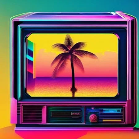 photo (retrowave style:1) an old television screen with a palm tree on the screen <lora:djzRetroWaveV21_LoraBooth:1>