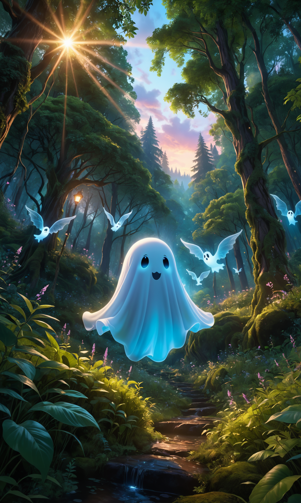 Cute ghost, photorealistic, lush forest, detailed foliage, mystical lighting, whimsical ambiance, ultra-high resolution, vibrant colors, cinematic shot, close-up view, medium shot, wide-angle view, low-angle shot, high-angle shot, intricate details, soft shadows, glowing eyes, smooth textures, serene atmosphere, balanced composition, dynamic flow, peaceful mood, enchanted forest, twilight setting