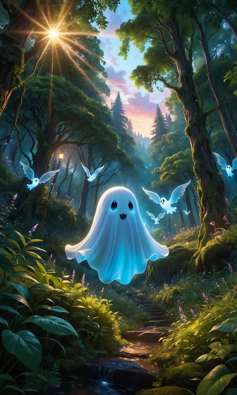 Cute ghost, photorealistic, lush forest, detailed foliage, mystical lighting, whimsical ambiance, ultra-high resolution, vibrant colors, cinematic shot, close-up view, medium shot, wide-angle view, low-angle shot, high-angle shot, intricate details, soft shadows, glowing eyes, smooth textures, serene atmosphere, balanced composition, dynamic flow, peaceful mood, enchanted forest, twilight setting