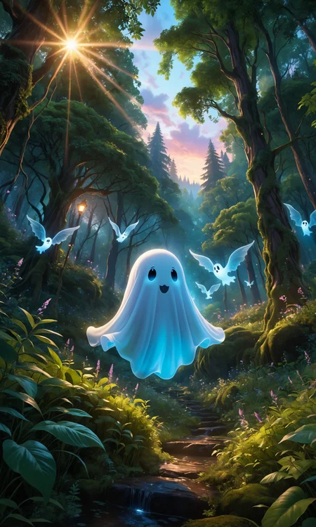 Cute ghost, photorealistic, lush forest, detailed foliage, mystical lighting, whimsical ambiance, ultra-high resolution, vibrant colors, cinematic shot, close-up view, medium shot, wide-angle view, low-angle shot, high-angle shot, intricate details, soft shadows, glowing eyes, smooth textures, serene atmosphere, balanced composition, dynamic flow, peaceful mood, enchanted forest, twilight setting