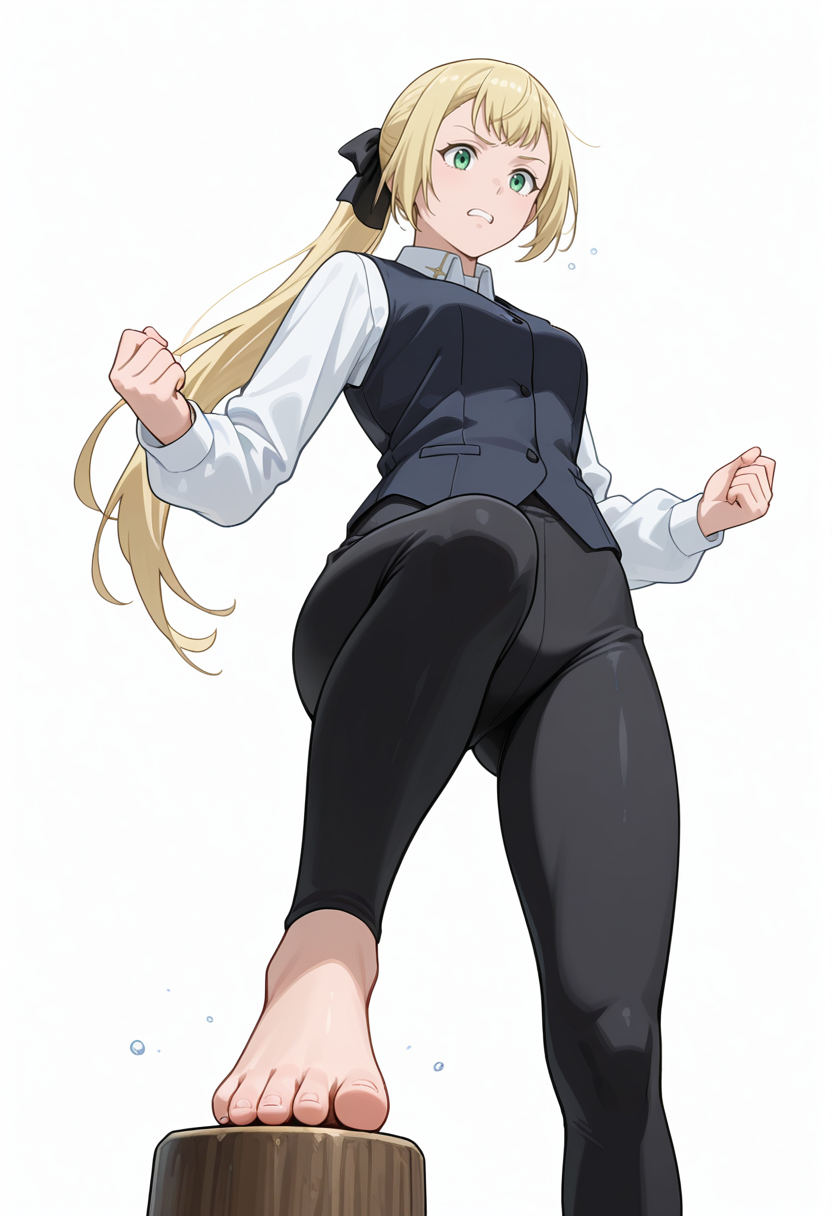Smooth Quality,masterpiece,very intricate, high quality details, ultra realistic, high detailed skin,detailed enviorement,absurdres,
simple background, white background, 
from below,standing pose, arms akimbo, feet slightly apart, determined expression, balanced posture,  ,sobbing,
vest, ,shirt, ,spats, ,
 <lora:Rituscnn:0.8> rituscnn, 1girl, blonde hair, green eyes, long hair, ponytail,