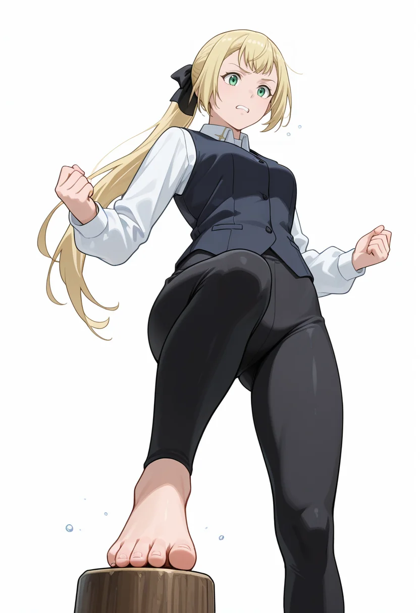 Smooth Quality,masterpiece,very intricate, high quality details, ultra realistic, high detailed skin,detailed enviorement,absurdres,
simple background, white background, 
from below,standing pose, arms akimbo, feet slightly apart, determined expression, balanced posture,  ,sobbing,
vest, ,shirt, ,spats, ,
 <lora:Rituscnn:0.8> rituscnn, 1girl, blonde hair, green eyes, long hair, ponytail,