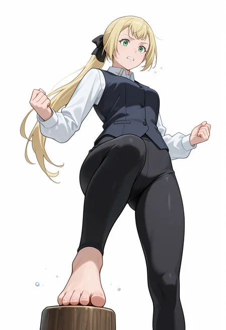Smooth Quality,masterpiece,very intricate, high quality details, ultra realistic, high detailed skin,detailed enviorement,absurdres,
simple background, white background, 
from below,standing pose, arms akimbo, feet slightly apart, determined expression, balanced posture,  ,sobbing,
vest, ,shirt, ,spats, ,
 <lora:Rituscnn:0.8> rituscnn, 1girl, blonde hair, green eyes, long hair, ponytail,