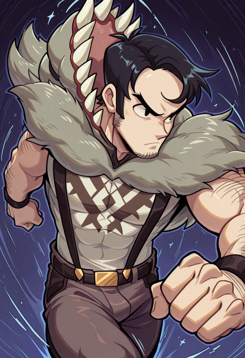 Dynamism, arwe, thick lines, Dynamic pose, dynamic view, dynamic angle, cartoon source, solo, male focus, 1boy, beowulf, male,Black eyes, Black hair, sideburns, facial hair, mucular body, wolf suit, Upper body, 
perfect anatomy, masterpiece, perfect quality, best quality, detailed, newest, very aesthetic