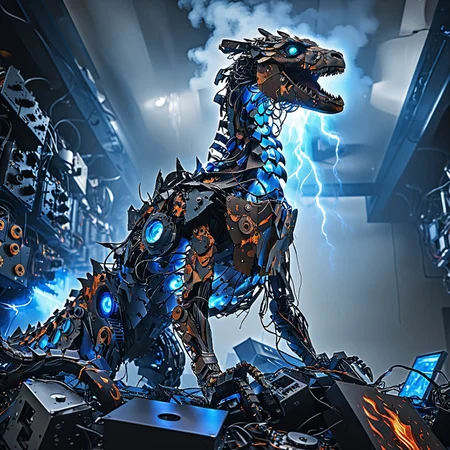 EnhanceImage, fire element, mad-lgthng, highly detailed, high quality, limited color palette, cinematic shot viewed from below, dramatic lighting, rich shadows and bright highlights, server room setting, facing camera mechanical dragon made of circuit boards and ral-elctrprts, roaring with mouth open, crawling out of a computer, smashing GPUs, electrical wires connect it to computer banks, glowing eyes and glowing electricity, blue electrical fire, lightning arcing out of broken computers, mad-embr falling from ceiling