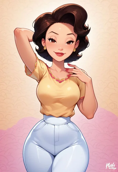 score_9, score_8_up, score_7_up, score_6_up,  art by John Byrne and Jim Lee <lora:ComicsPonyXL_V2:1>, 
1girl, (((asian))), wrinkles, brown eyes, looking at viewer, susan_long, (clevage), (((motherly))), (((milf))), middle aged woman, busty, earrings, (dynamic pose), sexy thighs, curvy, medium breasts, narrow waist, wide hips, thick ass, round butt, thick thighs, ((bedroom eyes)), looking at viewer, dynamic angle, cowboy shot, dynamic pose, smile, cute, wide shot, makeup, ((sexy eyes)), ((disney)), (detailed face), source_cartoon, realism, cute, Expressiveh, (cinematic), yellow top, frilly blouse, white pants, ((Vietnamese)), ((painted nails)), long nails, 
(((detailed background))), (((nail salon))), (beauty salon), volumetric lighting,