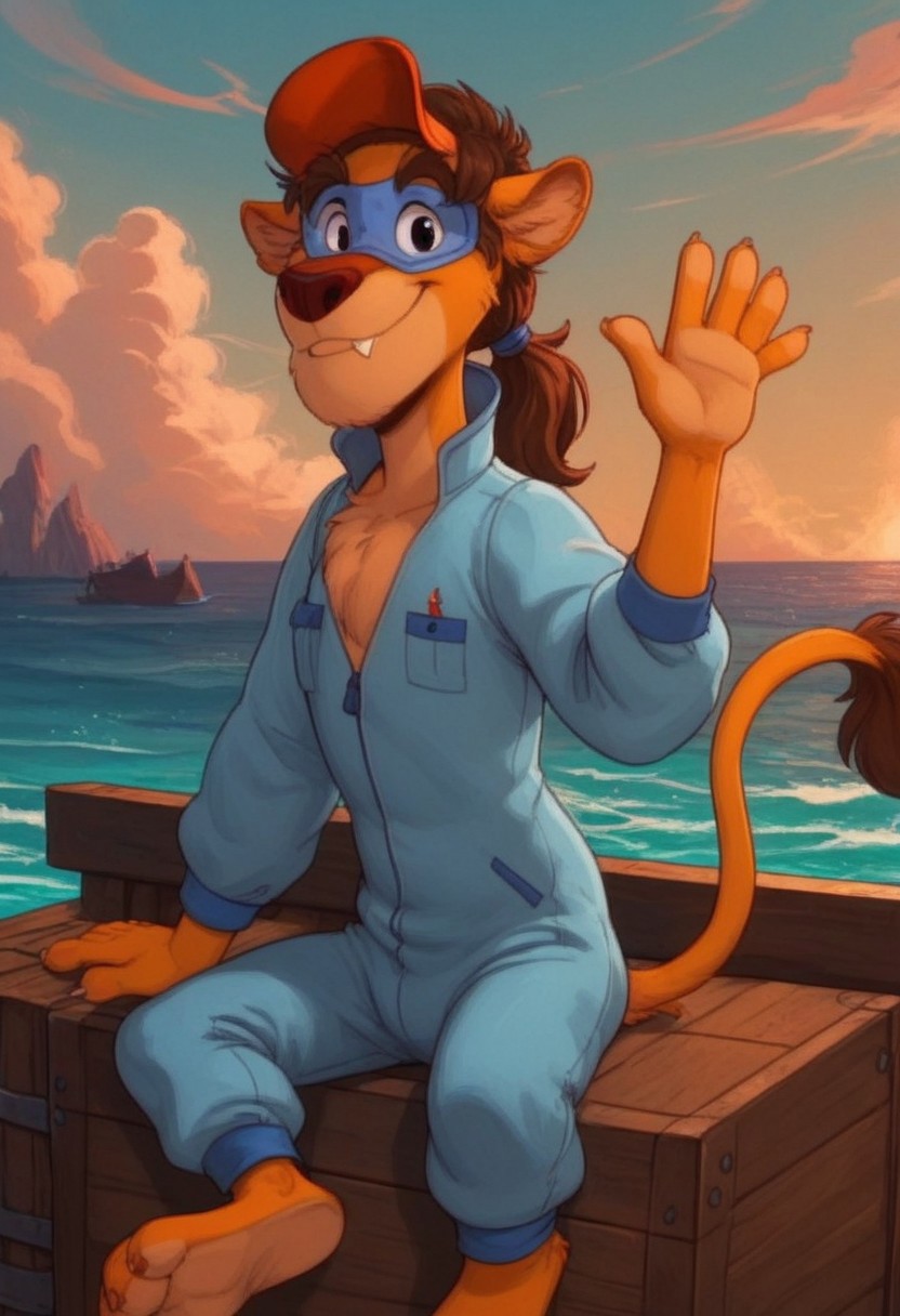 score_7, score_8, score_9, dynamic lighting, detailed background, background is ship dock, dock, (stacked crates), ((ocean)), boats, mountains in distance, ((outdoors)), clouds, sunny, (close up), cowboy shot,
BREAK 
Solo, 1boy, ((anthropomorphic)), furry male, Wildcat, yellow fur, two tone fur, brown hair, hair in ponytail, animal nose, black eyes, slender, animal ears, yellow ears, (yellow tail), feet claws, snaggle tooth, eye mask, fluffy fur, fluffy eyebrows, (fang), chest fur tuft,
BREAK 
sitting on crate, looking at viewer, smiling, jumpsuit, hat, waving,