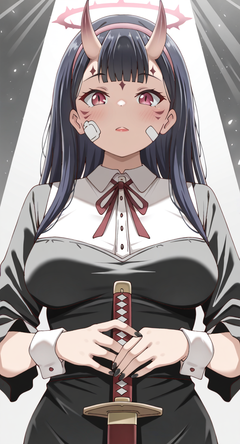 masterpiece, cute, lovely, newest, absurdres, (best quality:1.3), amazing quality, very aesthetic, 1girl, solo, high_resolution, hq, 4k, BREAK. high gradient eyes, very cute, light particles, cute details, cute colors, mature woman, (Poa_Mellhen_Style), oni, oni horns, dark blue hair, straight hair, blunt bangs, pink eyes, slit pupils, (medium breasts:1.2), sagging_breasts, BREAK,  bandaid on face, bandaid, bandaid on cheek, forehead mark, parted lips, wrist cuffs, neck ribbon, fingernails, sheath, sword, solo, holding, simple background, grey background, upper body, halo, facial mark, nail polish, closed mouth, black nails, holding weapon, light frown, light rays, pink hairband, red lips, scabbard, weapon, intricate details, vivid colors, smooth shading, dynamic lighting, professional illustration, soft gradients, balanced composition, elegant pose, high-resolution, sharp focus, 8k, hdr, crisp lines, perfect lighting, sharp eyes, detailed eyes, highly detailed