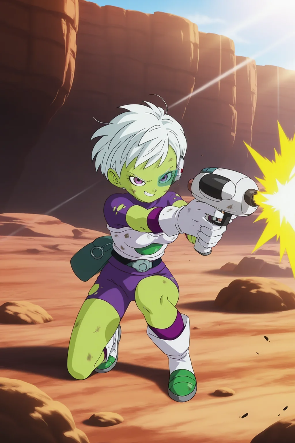 anime screencap, absurdres, high quality, official style,
cheelai, official style, 1girl, solo, breasts, looking at viewer, smile, short hair, rock, canyon, holding, purple eyes, firing, white hair, teeth, holding weapon, grin, dappled sunlight, kneeling, holding gun, one knee, colored skin, green skin, scouter, saiyan armor, strapless, torn clothes, torn undershirt, skin tight, purple shirt, short sleeves, purple wristband, white gloves, belt, torn bike shorts, purple bottomwear, socks, purple legwear, boots, white footwear, two tone footwear, wind lift, v-shaped eyebrows, v-shaped eyes, looking at another, eyelashes, dirty, dirty clothes, dirty face, aiming at another
<lora:Cheelai_IL:0.8>