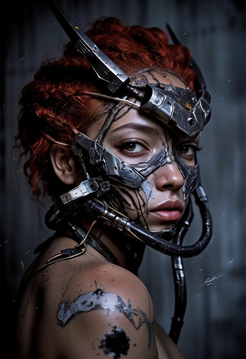 A haunting, dark portrait of a woman, her face a fusion of organic and mechanical elements in the style of H.R. Giger. The close-up shot reveals a biomechanical mask that has grown into her skin, a grotesque yet beautiful merging of flesh and metal. The mask appears almost alive, made from a nightmarish blend of organic tissues and cold, industrial materials — wires and cables intertwining with veins and sinew, wrapping around her jaw and temples. Metallic plates, some rusted and others gleaming, seamlessly meld into her pale, ghostly skin, creating a disturbing yet fascinating symmetry.
Her red hair, tightly bound into braids, contrasts with the twisted metal and organic tendrils extending from the mask, some of them snaking down the back of her neck. The dark, shadowy environment barely illuminates her face, with faint neon and cybernetic lights casting eerie reflections across her biomechanical features. Her eyes, filled with cold intensity, peer out from behind the mask, showing the last traces of her humanity within the cold, biomechanical form.
The fusion of flesh and machine, organic and metallic, creates an unsettling, dystopian beauty, where the boundaries between life and technology blur. The intricate detailing of the mask, with its alien, otherworldly design, captures the dark essence of Giger's biomechanical art, as the woman’s face stands frozen in a moment of both suffering and strength.