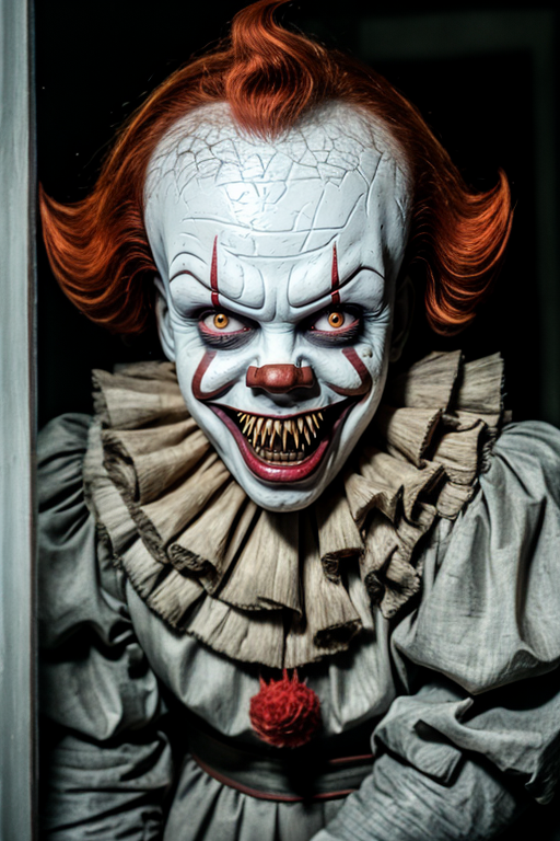 pennywise, sharp teeth, staring at viewer outside of a window,<lora:pennywise-000006:1>