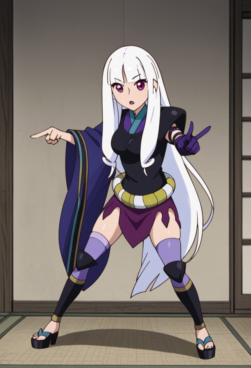 Togame, white hair, purple eyes, blunt bangs, long hair, Japanese clothes, full body, pointing in viewer