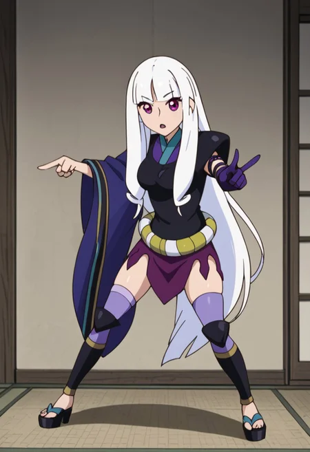 Togame, white hair, purple eyes, blunt bangs, long hair, Japanese clothes, full body, pointing in viewer