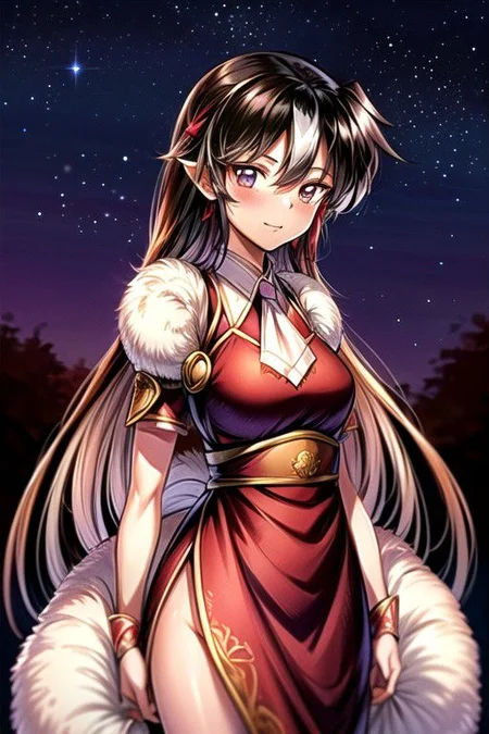 best quality 1girl Setsun4 solo long hair, (night time) forest background black hair very long hair purple eyes multicolored hair armor, small, (fur trim) (medium body),<lora:EMS-179-EMS:0.800000>,<lora:EMS-293862-EMS:0.800000> bow, hair_bow, hair_tubes, red_bow, brown_hair, long_hair, bangs, ascot, frilled_bow, yellow_ascot, blush, smile, hair_between_eyes, athletic, armor, miko, ,(((intricate outfit,intricate clothes,embroidered outfit,ornate outfit,embroidered clothes,ornate clothes))), strengthmda