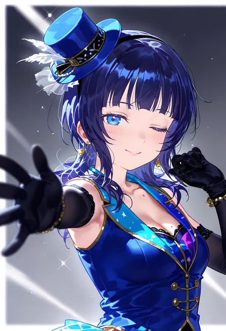 1girl, asaka karin, love live!, love live! nijigasaki high school idol club, blue eyes, blue hair, blunt bangs, border, breasts, cleavage, closed mouth, collarbone, earrings, grey background, jewelry, looking to the side, medium breasts, medium hair, mole, mole on collarbone, motion blur, one eye closed, outside border, smile, solo, sparkle, upper body, vivid world \(love live!\), white border, black hairband, black gloves, blush, medium bangs, sidelocks, blue headwear, mini hat, gloves, sleeveless, multicolored clothes, top hat, mini top hat, swept bangs, hat, looking at viewer, jacket, open hand, elbow gloves, hairband, blue jacket, multicolored background, idol clothe pose \(project sekai\), half-closed eye<lora:nyaliaXL_NB11_lokr_V531:0.95>