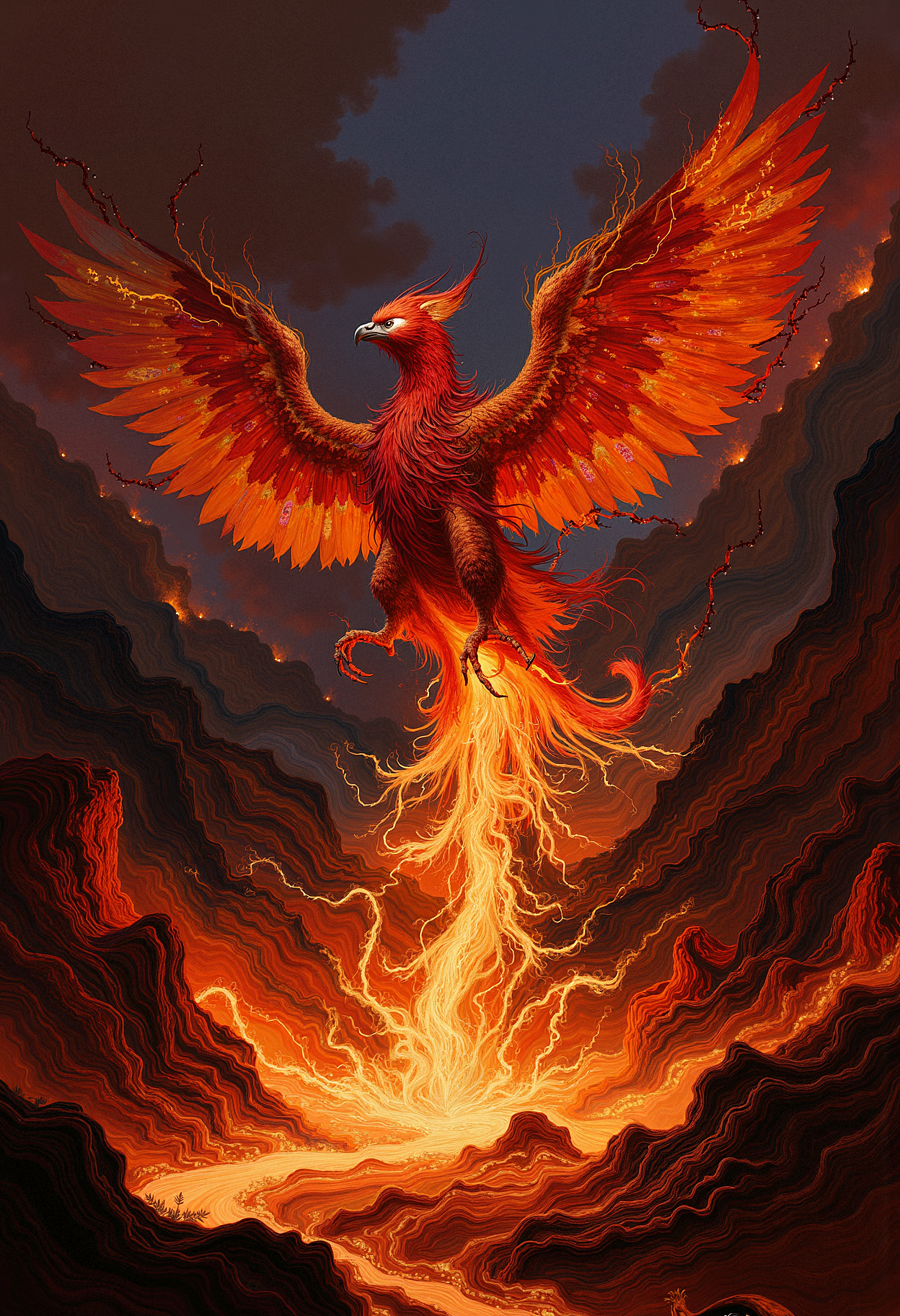 A colossal phoenix rising from a pool of molten lava, with its wings made entirely of shifting, flowing magma. The bird's body glows intensely, and as it rises, the magma drips off its feathers, creating small rivers of lava below. Its eyes are glowing white-hot embers, and its beak releases streams of smoke. In the background, a dark, volcanic landscape with jagged cliffs and eruptions is illuminated by the glow of the phoenix. The atmosphere is chaotic, fiery, and awe-inspiring, with a sense of both destruction and rebirth in the air.  <lora:FLUX-daubrez-DB4RZ:0.93> DB4RZ, DB4RZ style painting, <lora:ARTifacts:0.66>