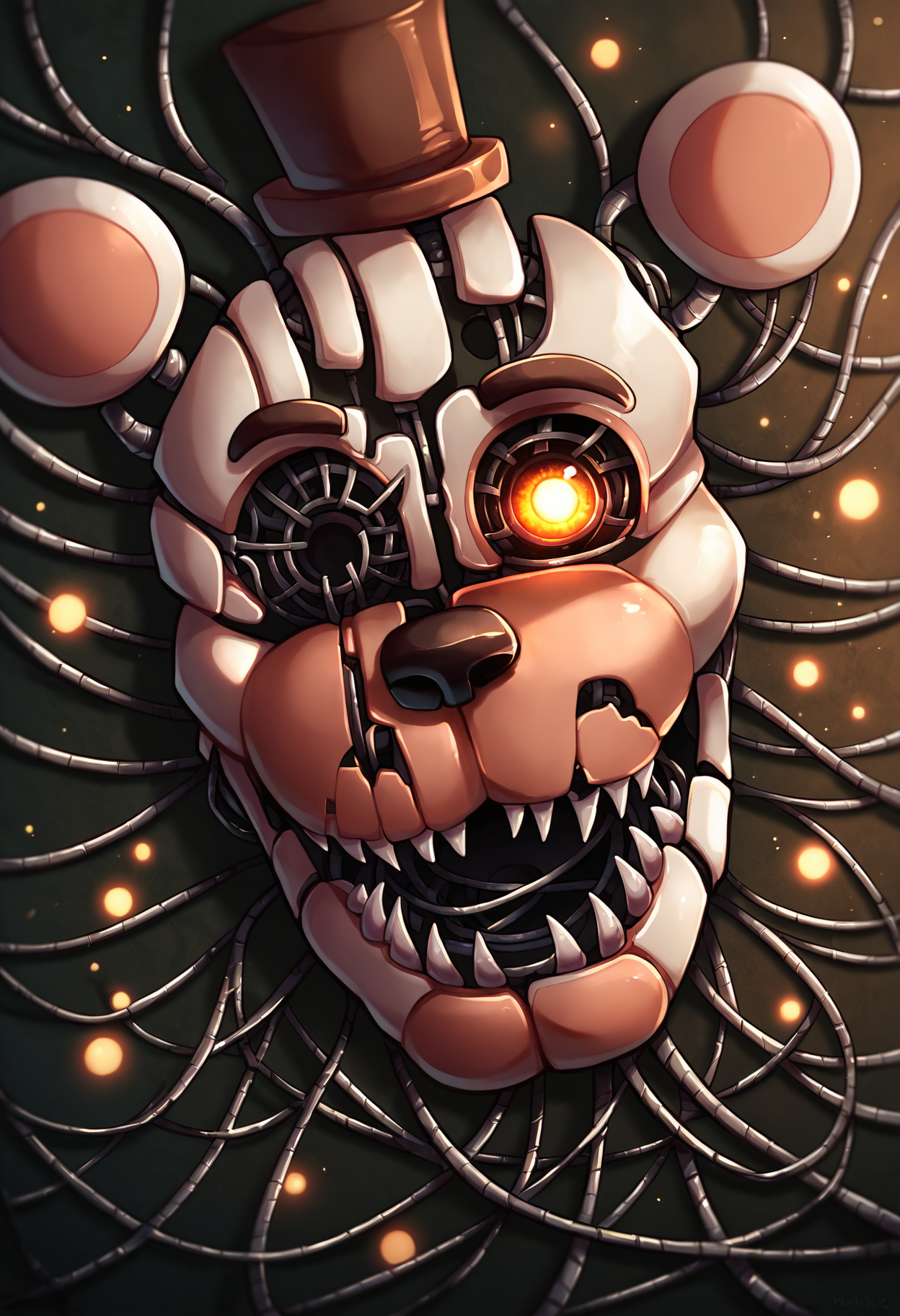 score_9, score_8_up, score_7_up, lots of details, highly detailed, (moltenfreddy), close-up, portrait, wires, animatronic, orange eye, glowing eye, looking at viewer, one eyed, bright background, light particles, detailed, detailed eyes, hires, best quality <lora:MoltenFreddy_v2:0.95>