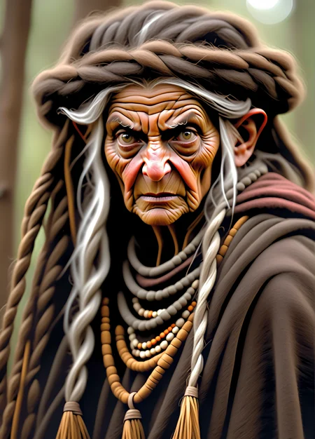 black elder druid woman, serious, austere, portrait