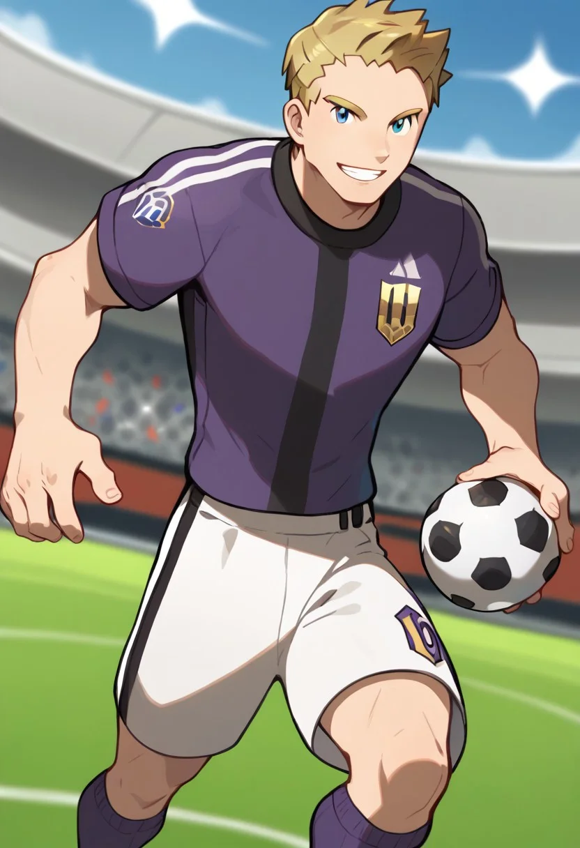 txt2img
score_9, score_8_up, score_7_up, source_anime, highly detailed, big pecs, male focus, 1boy, sideburns, standing, muscular, soccer field background, Expressiveh, holding a soccer ball, muscular arms, pectorals, teeth, smile, blurry background
POKEMON_striker, blond hair, short hair, blue eyes, nose
soccer uniform, purple shirt with black and white accents, white shorts with black accents, purple socks, black tenis,
pokemon